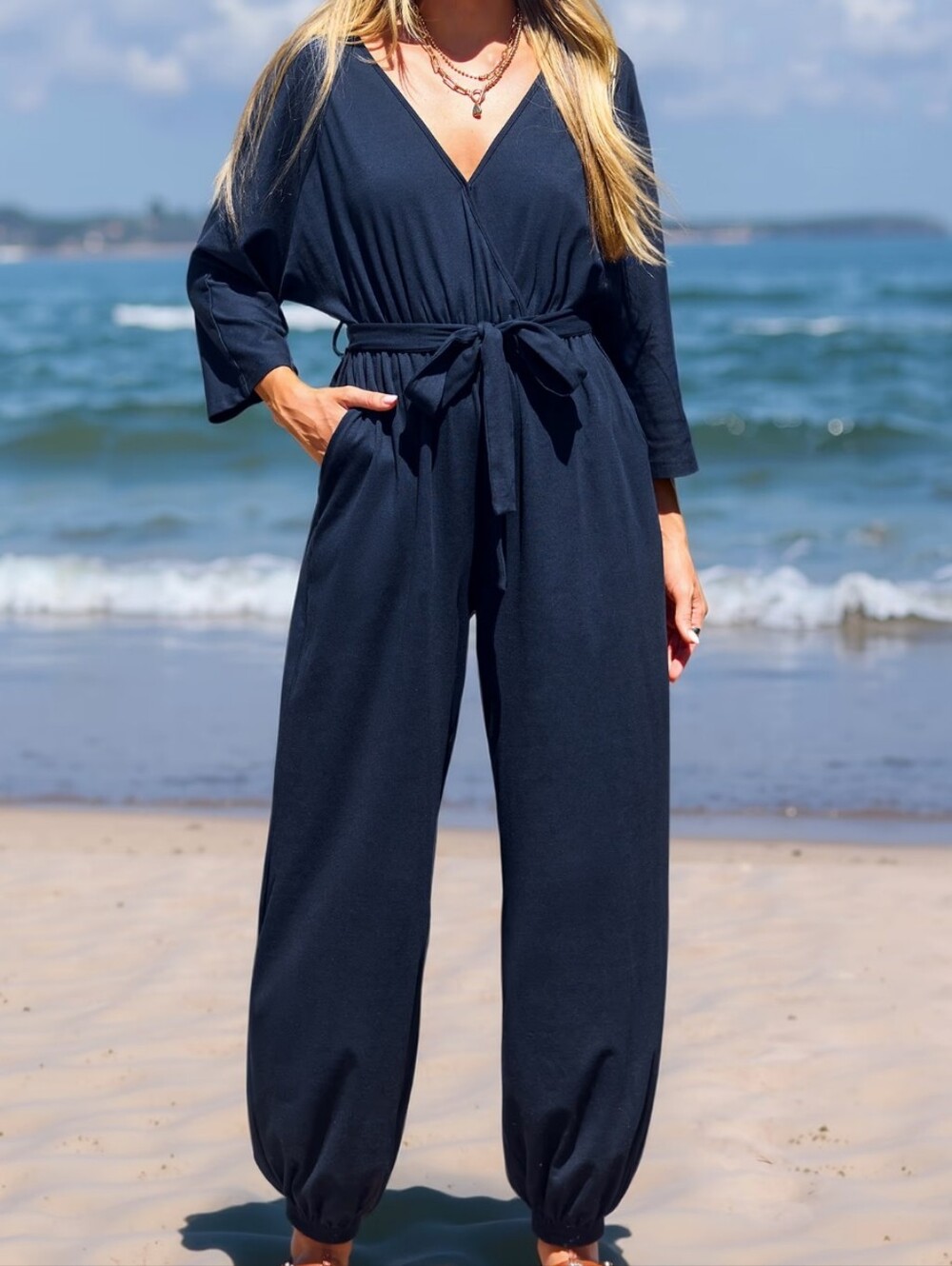 Cupshe Navy V-Neck Long Sleeve Tie-Waist Jumpsuit